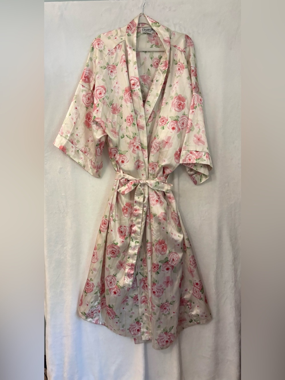 Vintage Chandio NY Satin Kimono Robe Slip Dress Set Rose Floral Cream plus sz 3X